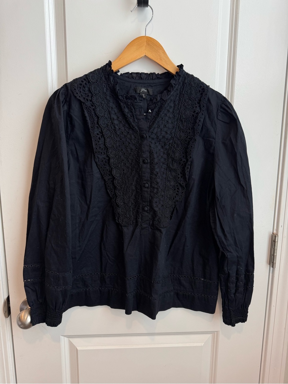 J.Crew Black Eyelet Lace Bib Ruffle Blouse Size 12